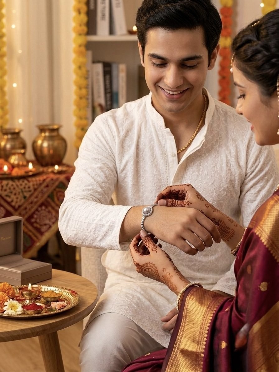 AD Pearl Rakhi Bracelet worn by a model