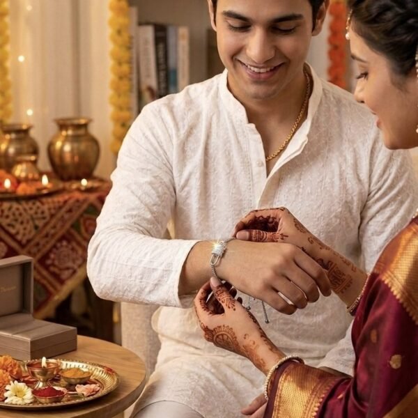 AD Silver Lock Rakhi worn by a model