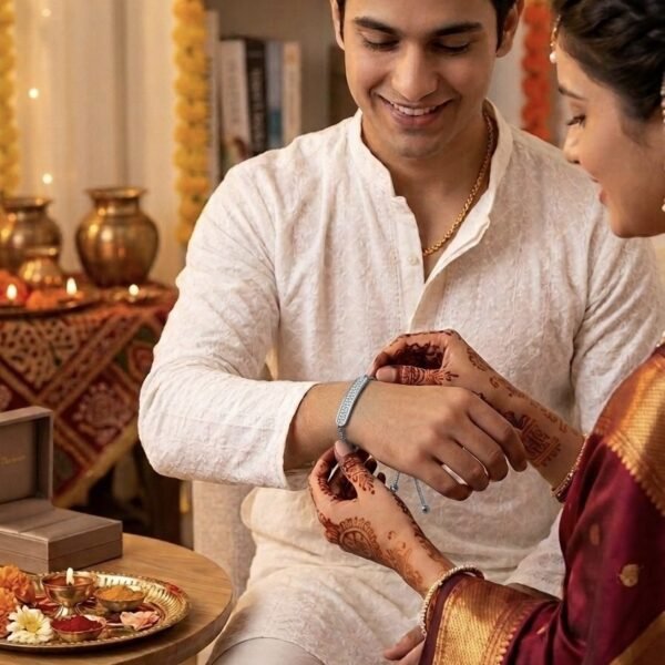 AD Silver Rakhi Bracelet worn by a model