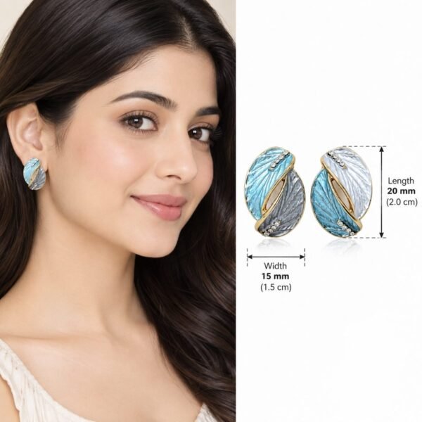Aqua Leaf Enamel Oval Stud Earrings worn by a model