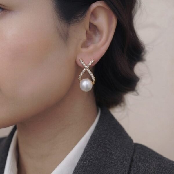 Crisscross Pearl Drop Earrings worn by a model
