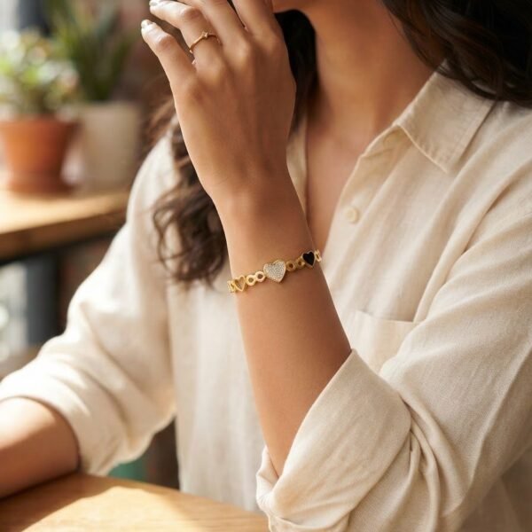 Crystal and Black Heart Infinity Bangle worn by a model
