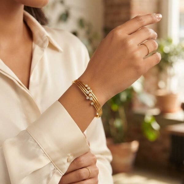 Crystal Cluster Multi Strand Wire Bangle worn by a model