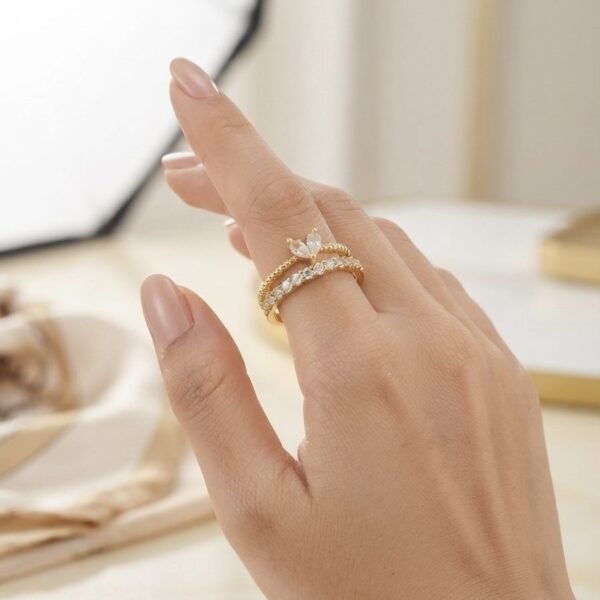 Crystal Cluster Pave Nesting Ring worn by a model