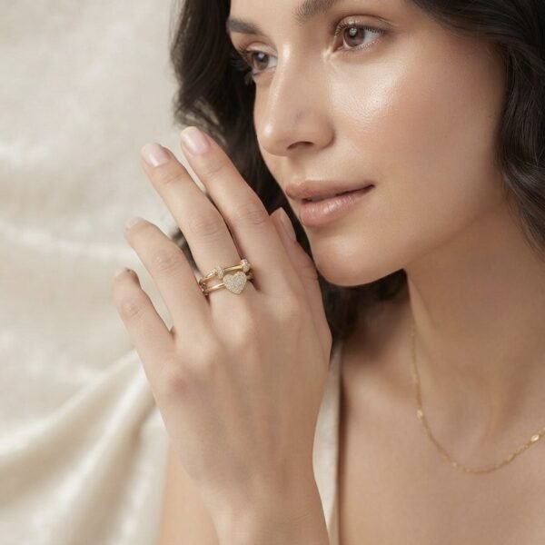 Crystal Pave Heart Double Band Ring worn by a model