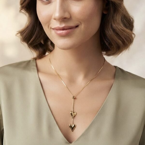 Dual Heart Tie Pendant worn by a model