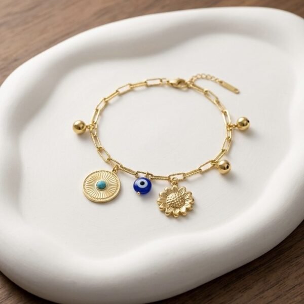 Evil Eye and Sunflower Charm Bracelet — gold plated bracelet by Priyavi Creation