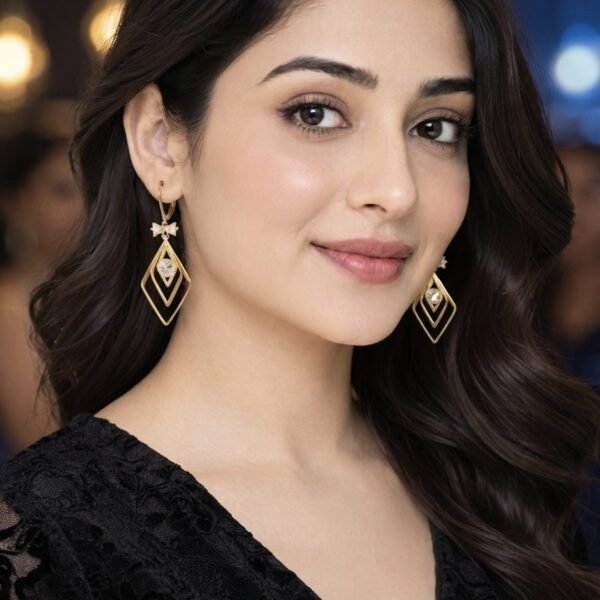 Geometric Rhombus Bow CZ Dangle Earrings worn by a model