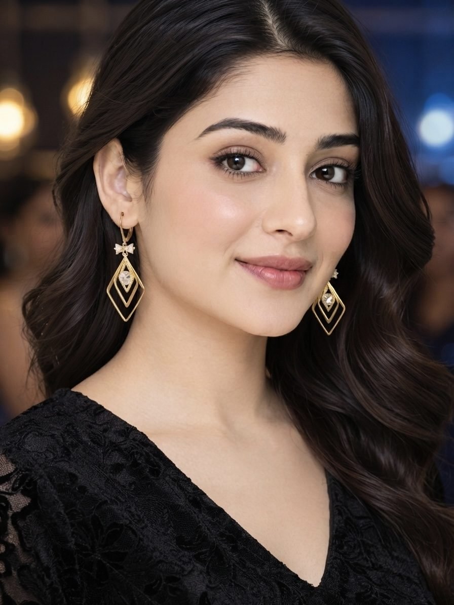 Geometric Rhombus Bow CZ Dangle Earrings worn by a model