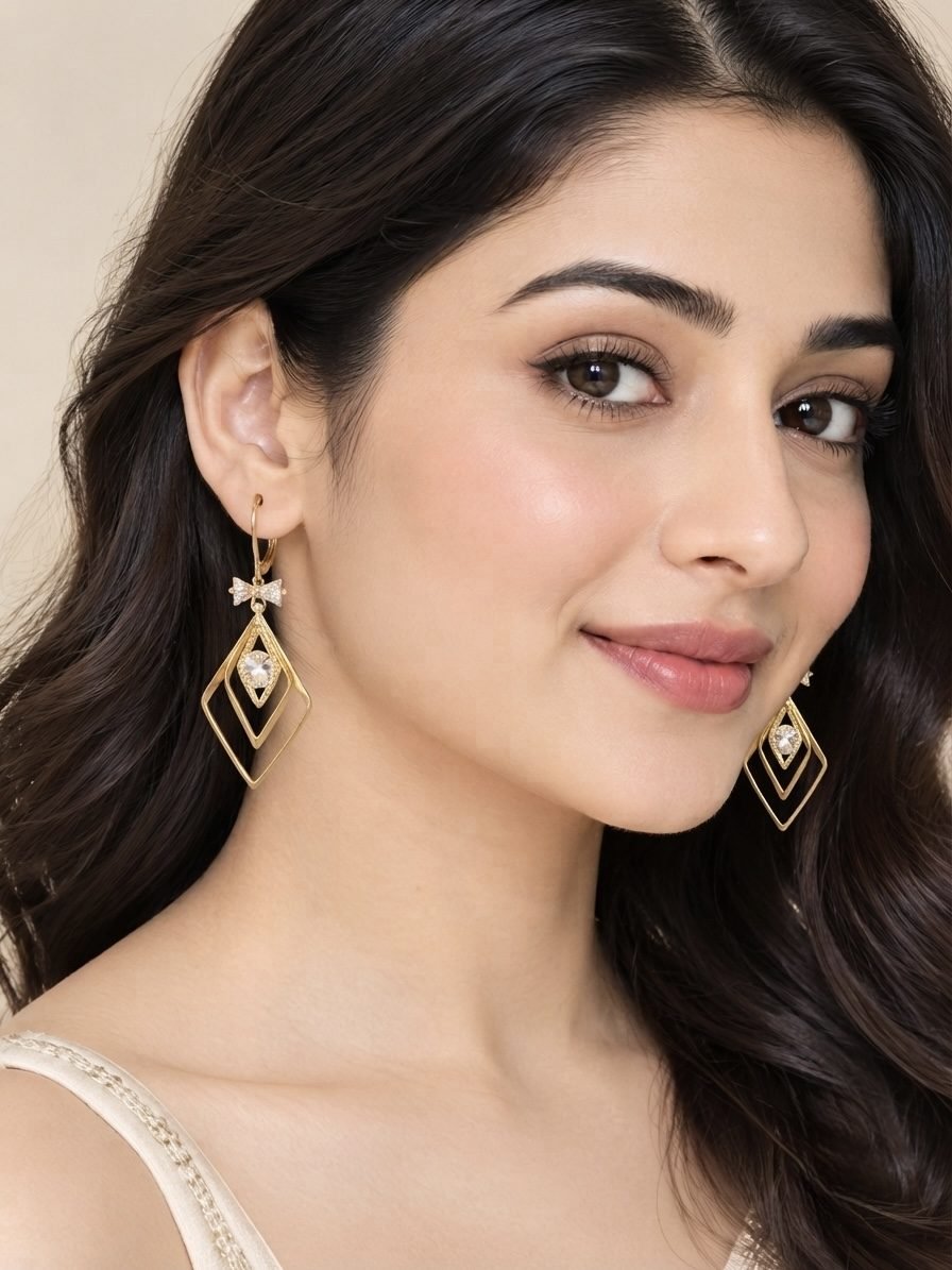 Geometric Rhombus Bow CZ Dangle Earrings — gold plated earring by Priyavi Creation