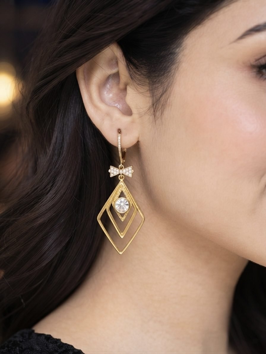 Geometric Rhombus Bow CZ Dangle Earrings — gold plated earring by Priyavi Creation