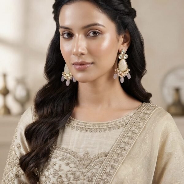 Ivory Crackle Stone Pearl Tassel Earrings worn by a model