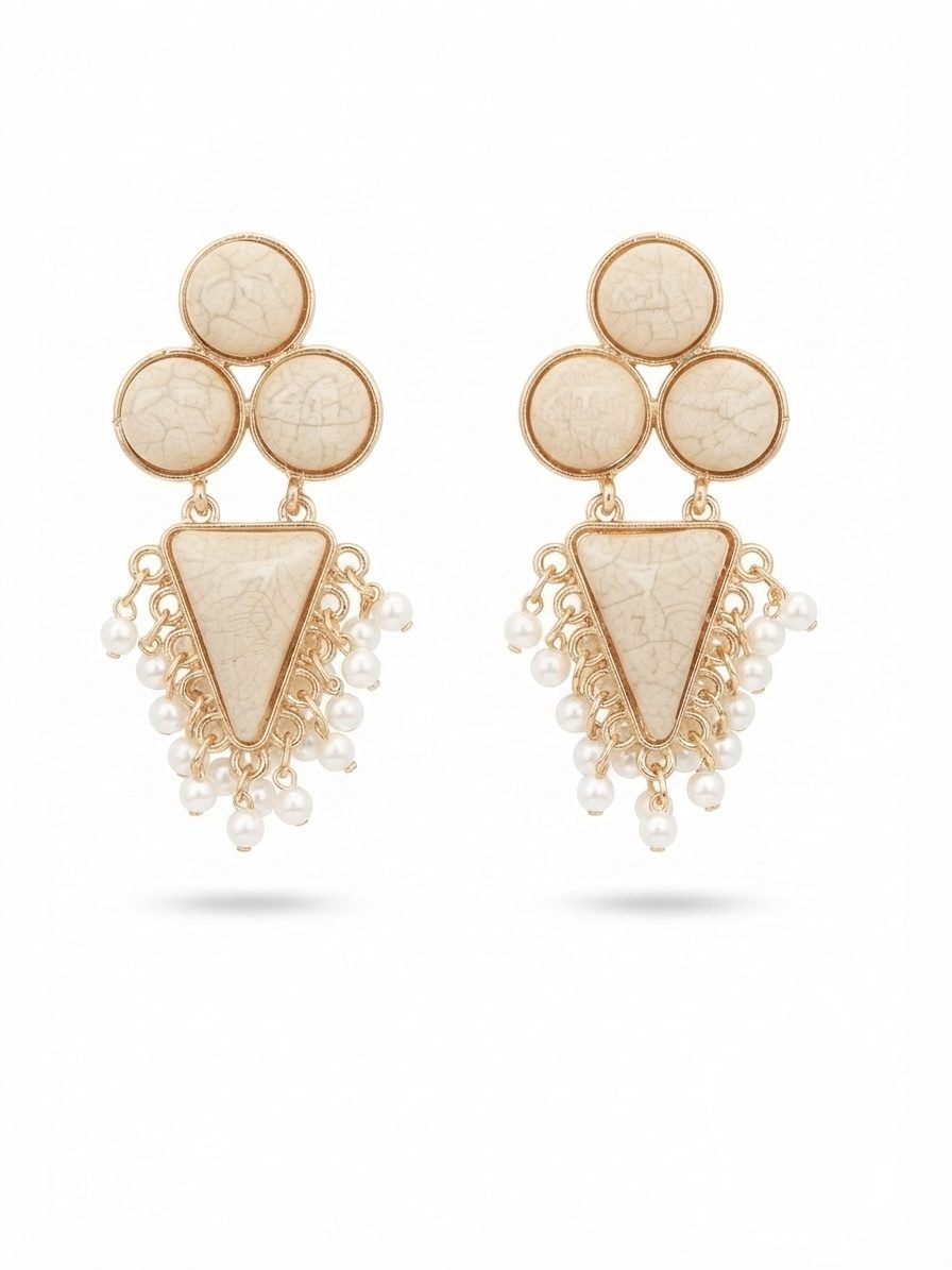 Ivory Crackle Stone Triangle Pearl Drop Earrings — gold plated earring by Priyavi Creation