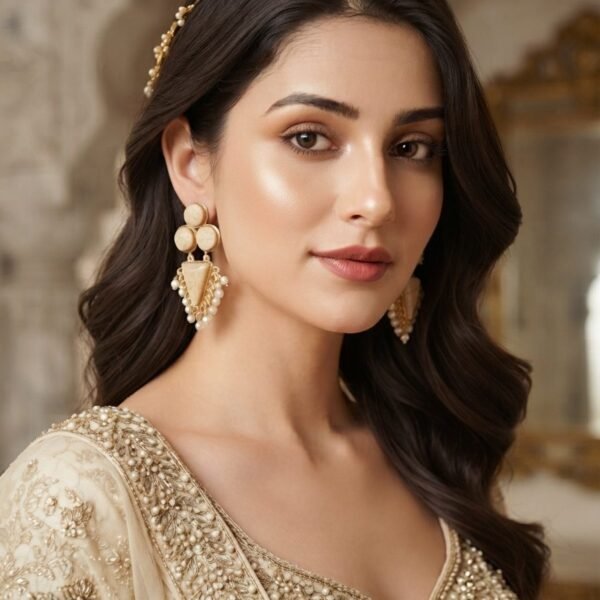 Ivory Crackle Stone Triangle Pearl Drop Earrings worn by a model
