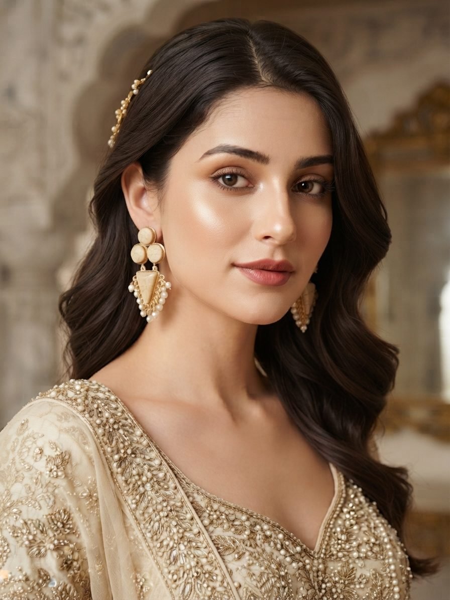 Ivory Crackle Stone Triangle Pearl Drop Earrings worn by a model