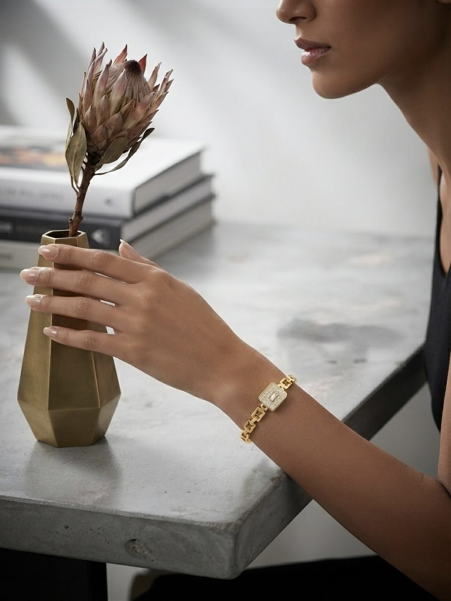 Pave Square Crystal Link Bangle worn by a model