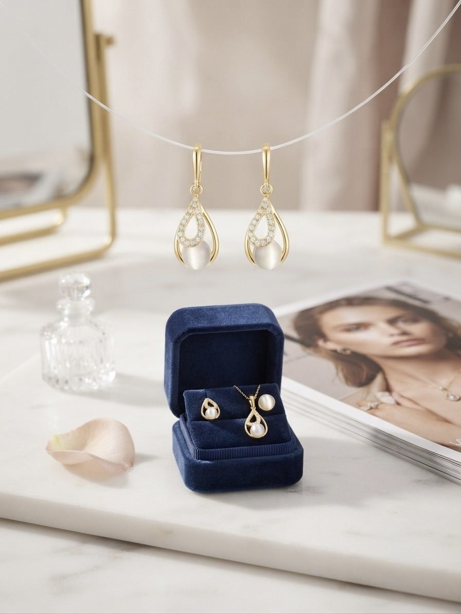 Pave Teardrop Cat Eye Drop Earrings — gold plated earring by Priyavi Creation