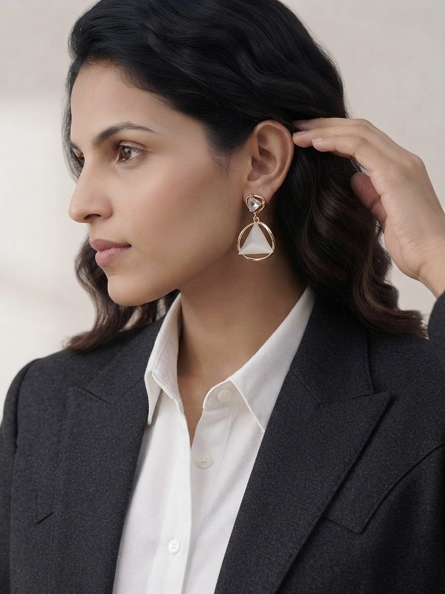 Pyramid Drop Crystal Stud Earrings worn by a model