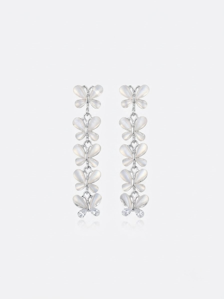Silver Butterfly Cascade Long Drop Earrings — silver tone earring by Priyavi Creation