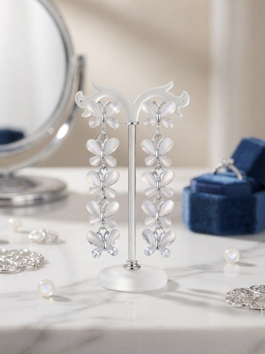 Silver Butterfly Cascade Long Drop Earrings — silver tone earring by Priyavi Creation