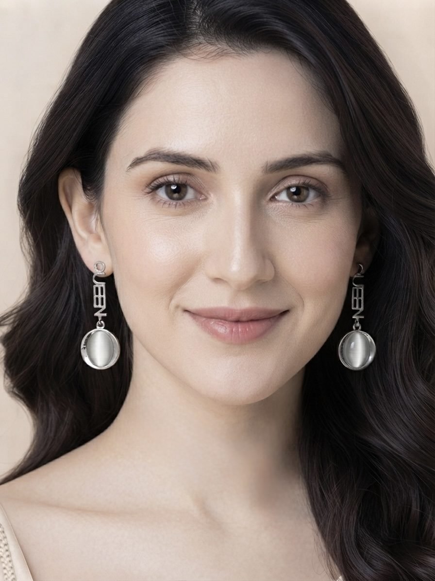 Silver QUEEN Cat Eye Drop Earrings worn by a model