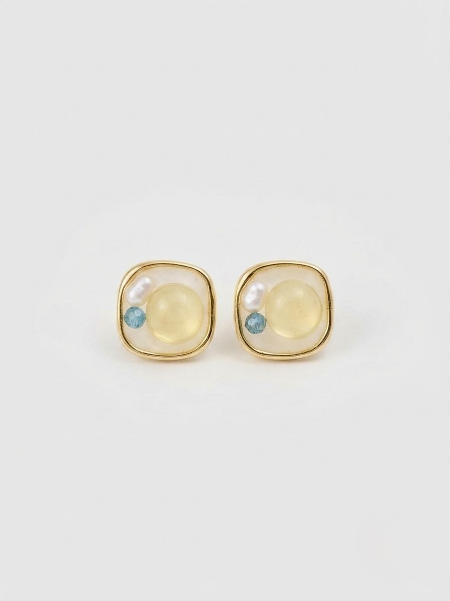 Square Resin Cabochon Pearl Stud Earrings — gold plated earring by Priyavi Creation