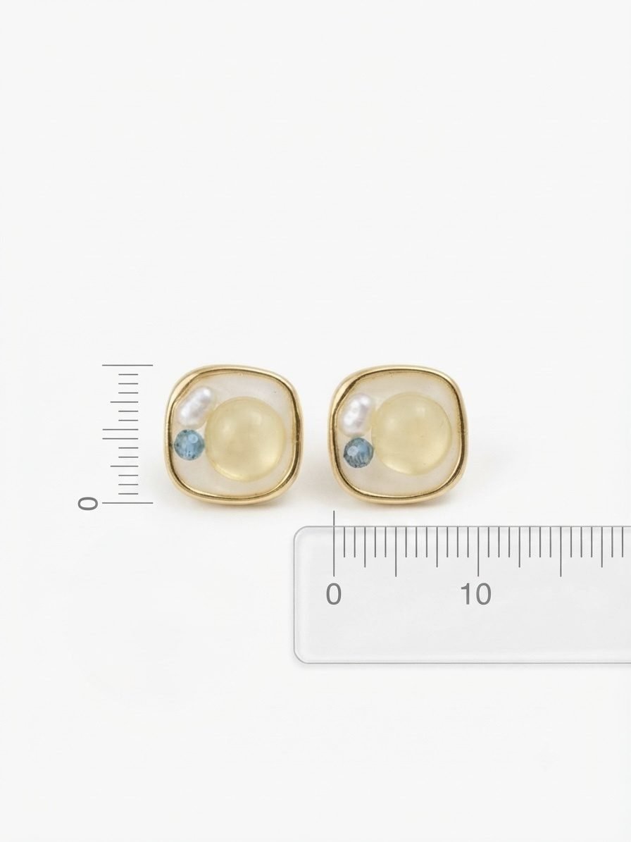 Square Resin Cabochon Pearl Stud Earrings — gold plated earring by Priyavi Creation