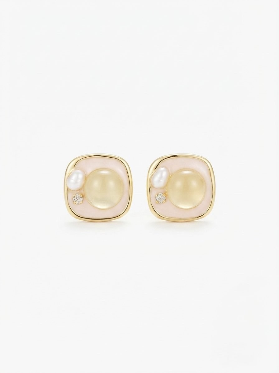 Square Resin Cabochon Pearl Stud Earrings — gold plated earring by Priyavi Creation