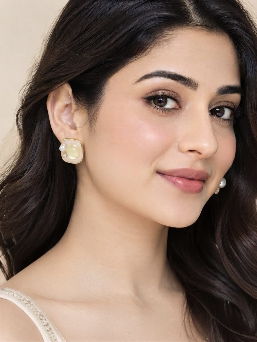 Square Resin Cabochon Pearl Stud Earrings — gold plated earring by Priyavi Creation