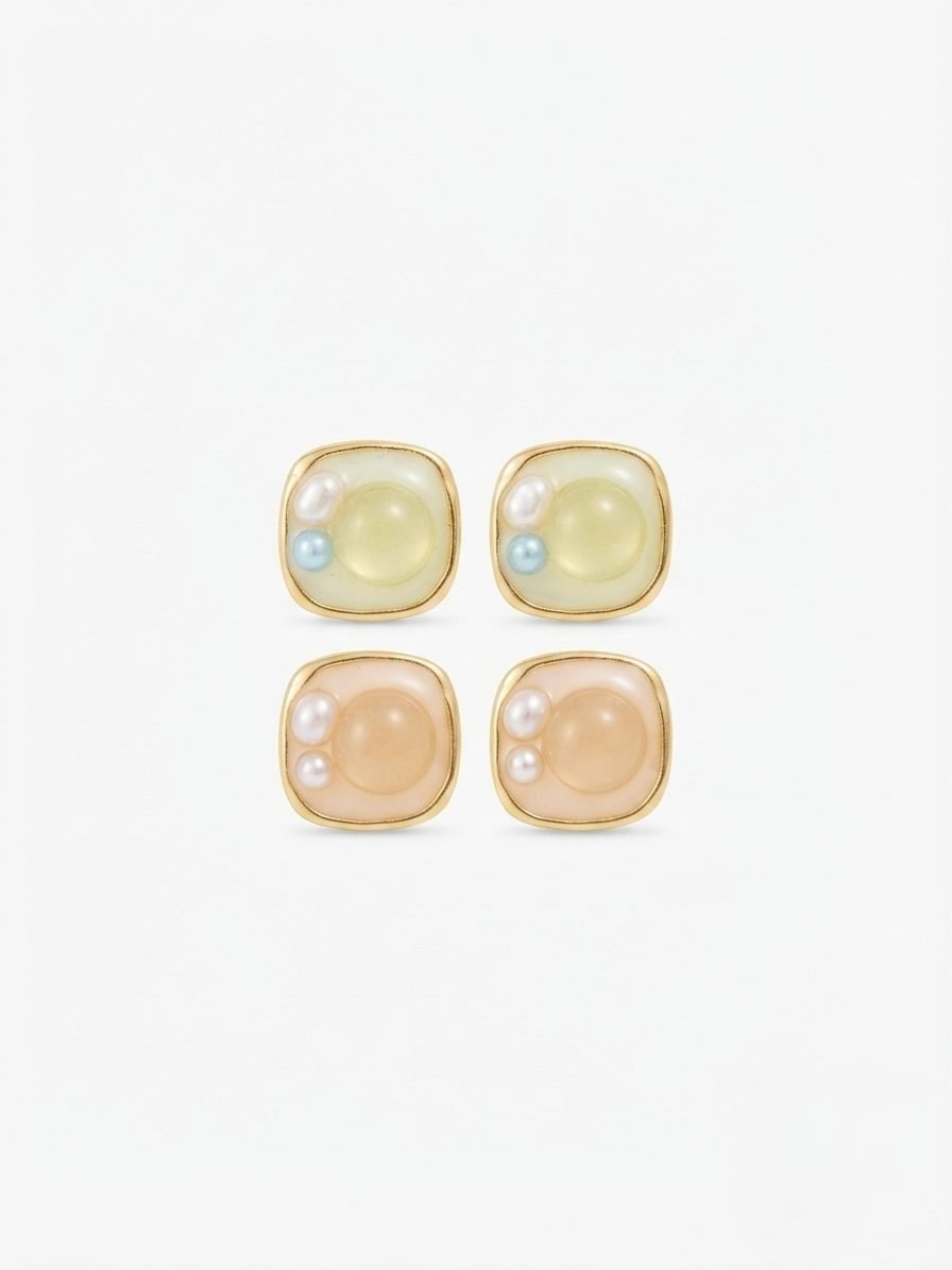 Square Resin Pearl Stud Earrings Combo — gold plated earring by Priyavi Creation
