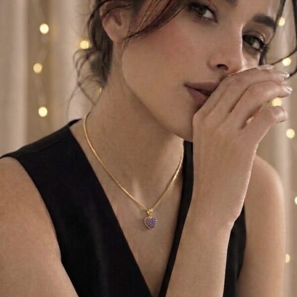 Tiny Heart AD Lavender Pendant worn by a model